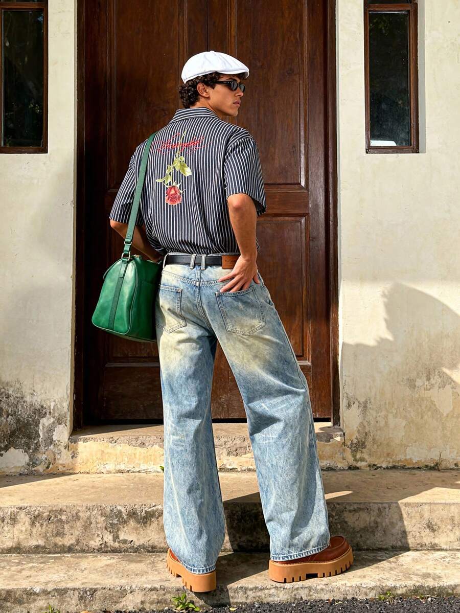 Manfinity Unisex 男士休闲字母花卉印花条纹短袖单排扣宽松衬衫 - 白色 - 查看 1