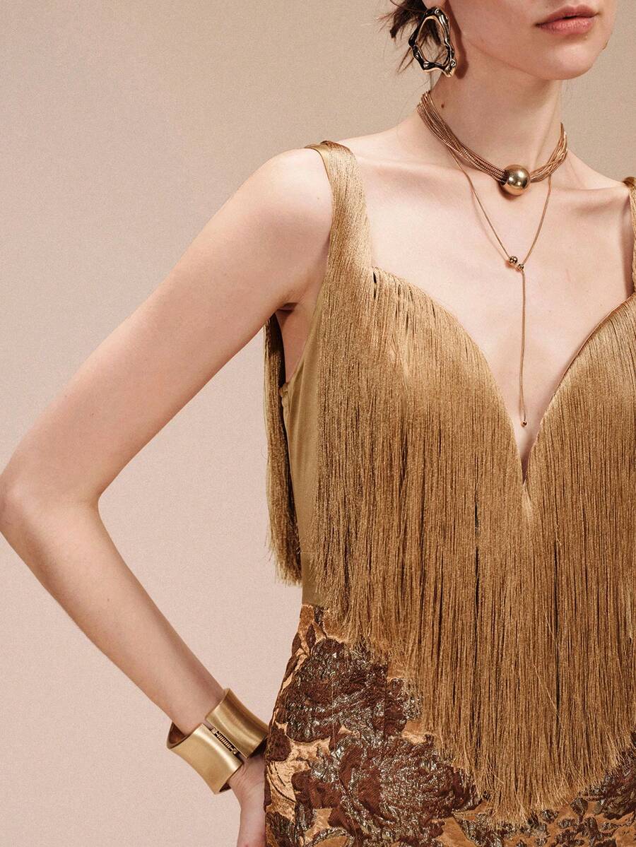 SHEIN Unity 女士梭织绉纱面料无袖流苏拼接设计优雅约会之夜短裙 - 金色 - 查看 1