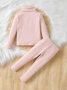 SHEIN Baby Girl Fitted Casual Minimalist Comfortable High Neck Solid Color Top And Pants Set - Pink - View 2