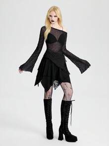 Breakform Women's Gothic Sexy Semi-Sheer Jacquard Knit Oblique Shoulder Side Ruched Tie-Up Asymmetric Hem Long Sleeve Fitted Top - Black - View 5