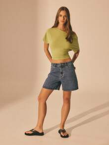 Aralina 女士夏季牛仔休闲妈妈短裤，沙滩装，Y2K斯德哥尔摩风格街头服饰 - 中等水洗藍 - 查看 9