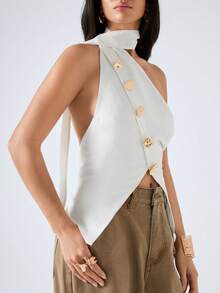 LYSMO 2026 New Arrive Minimalism Spring/Summer Women's Metal Button Neck Wrap Cape Backless Asymmetrical Top - Spring/Summer 2026 New Arrival - White - View 3