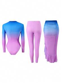 Swim Mulvari 3件套女士时尚渐变拉链长袖圆领泳衣上衣、长款弹力腰泳裤和系带裙比基尼套装 - 彩色 - 查看 2