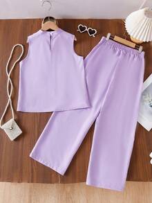2pcs Tween Girls Casual Elegant Floral 3D Decor Vest Shirt & Pants Set - Purple - View 2