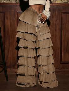 Slaydiva Jeans de mezclilla de unicolor con diseño de capas de moda para mujer - Café integral - Ver 4