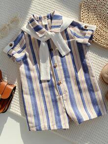 SHEIN 2pcs Newborn Baby Unisex Casual Striped Short Sleeve Polo Romper & Cape Set, Suitable For Birthday Party, Rave, Evening Party, Performance, Wedding, One Month Celebration, Baptism And First Birthday Baby Boy Blue Striped Romper Baby Boy Summer Outfit Baby Boy Striped Short Sleeve Romper Baby Boy Collared Shorts Set - Multicolor - View 4