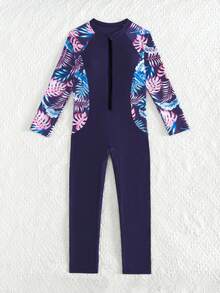 SHEIN Áo tắm liền thân tay dài cổ tròn in hoa cho bé gái tuổi teen, kiểu dáng giản dị, kín đáo, thích hợp cho kỳ nghỉ biển. - Màu xanh lam - Xem 5