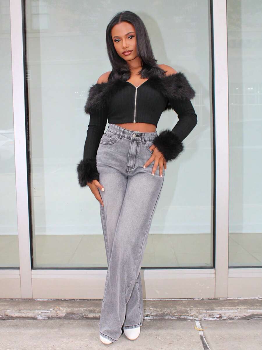 Steph T 女士波点仿皮草拼布休闲夹克，秋冬 - 彩色 - 查看 1