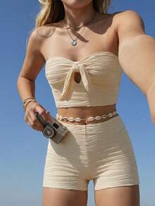 Swim Mod Women's Striped Apricot 2 Pieces Set, Special Fabric Beach Two Piece Set Cream Two Piece Set Linen Two Piece Set Beige Two Piece Set Summer Two Piece Set - Apricot - View 4