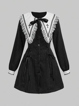 Goth Gotischer, dunkler Puppen-Minikleid mit Spitzenkragen, Kontraststreifen und taillierter A-Linie