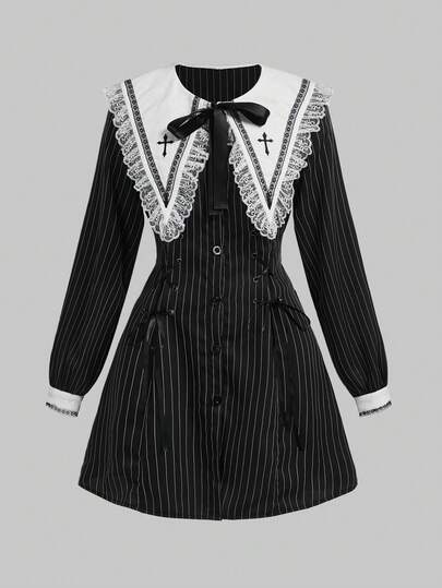 Goth Vestido mini ajustado de línea A con cuello puntiagudo de contraste de encaje, estampado de rayas y estilo gótico oscuro de muñeca