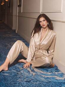 Maija Women's Striped Shawl Collar Long Sleeve Shirt And Loose Pants 2 Pieces Set Family Christmas Matching Pajamas Set Family Christmas Pajamas Casual Women Outfits Casual Terno Outfit For Women - Apricot - View 1