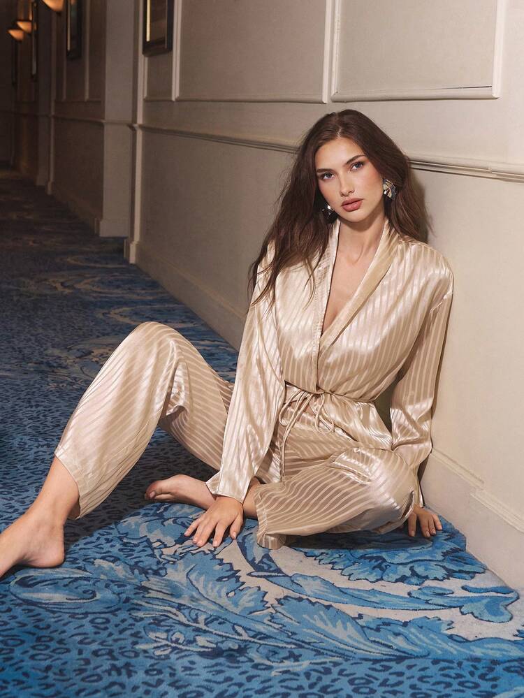 SHEIN Maija Women's Striped Shawl Collar Long Sleeve Shirt And Loose Pants 2 Pieces Set Family Christmas Matching Pajamas Set Family Christmas Pajamas Casual Women Outfits Casual Terno Outfit For Women