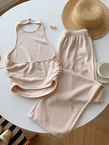 CovetEZ 2026 初夏新款甜美家居米色针织露脐上衣和阔腿裤套装，无袖露背休闲装，纹理面料 - 彩色 - 查看 7