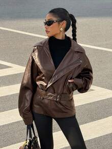 Muchica Áo khoác da nữ màu trơn cổ ve áo dáng rộng vai rớt kiểu biker - màu nâu - Xem 3