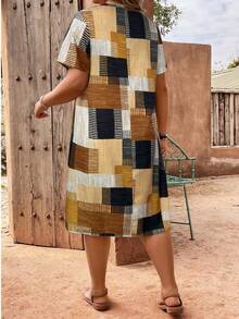 EMERY ROSE Plus Size Plaid Patchwork Print V-Neck Button Decor Dress - Multicolor - View 2