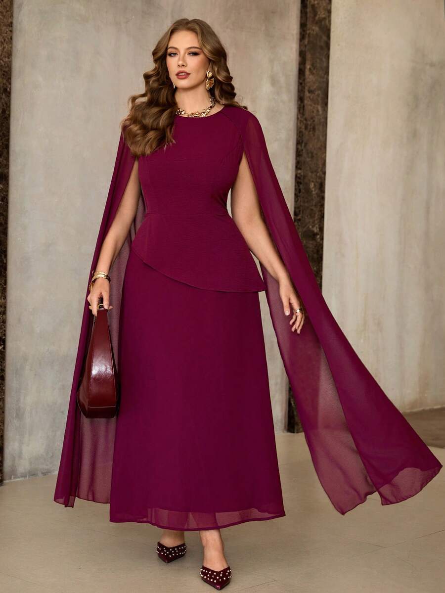 Roveilla 大码女士优雅复古中东风拼接连衣裙，圆领，腰带，喇叭下摆，喇叭袖，雪纺面料，长袖，适合春、夏、秋季穿着。 - 紫紅色 - 查看 1