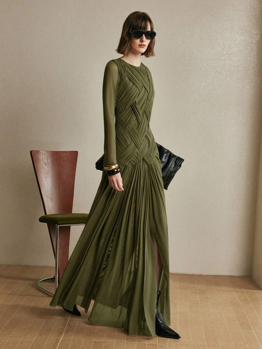 Arave Women's Knitted Elastic Mesh Fabric Crew Neck Raglan Sleeve Asymmetrical Patchwork Design Elegant Date Long Dress - Army Green - View 1