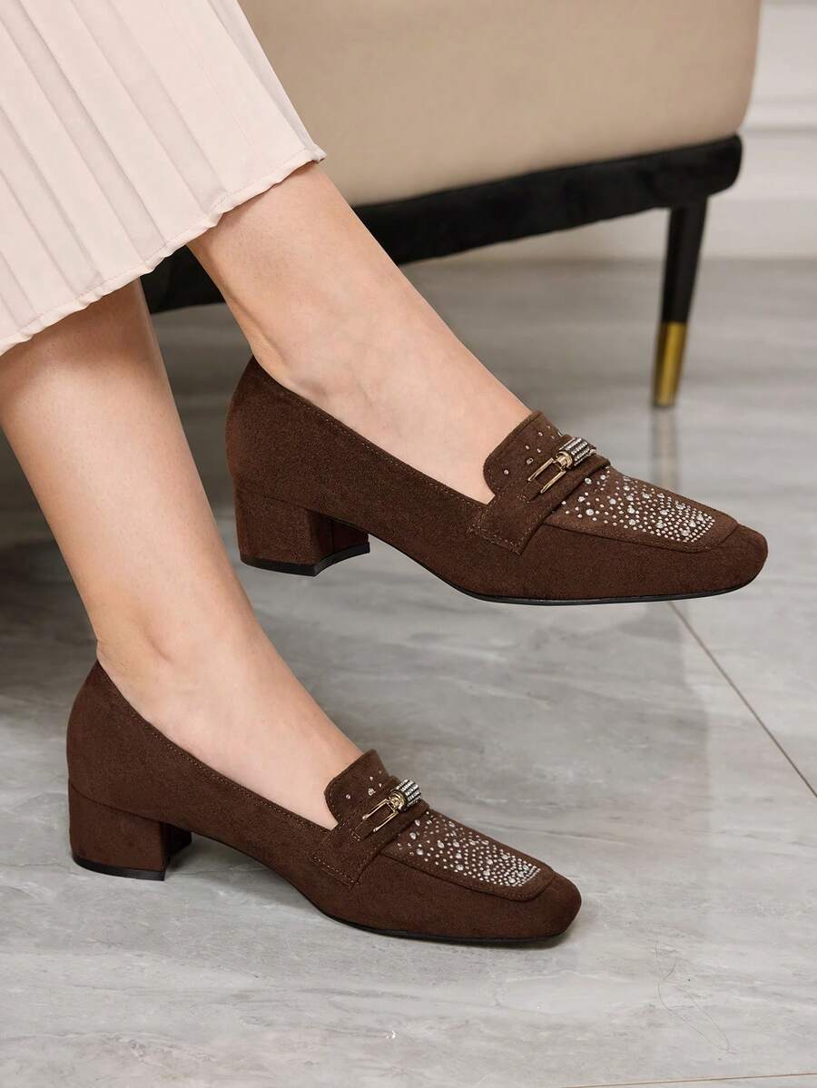 Sleekvia Women's Rhinestone Embellished Fashionable High Heels, Versatile For Daily Wear Valentine's Day - Coffee Brown - View 1