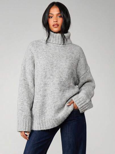 MISSGUIDED Oversized Turtleneck Chunky Knit Pullover Sweater With Ribbed Cuffs And Hem For Winter Cozy Casual Wear