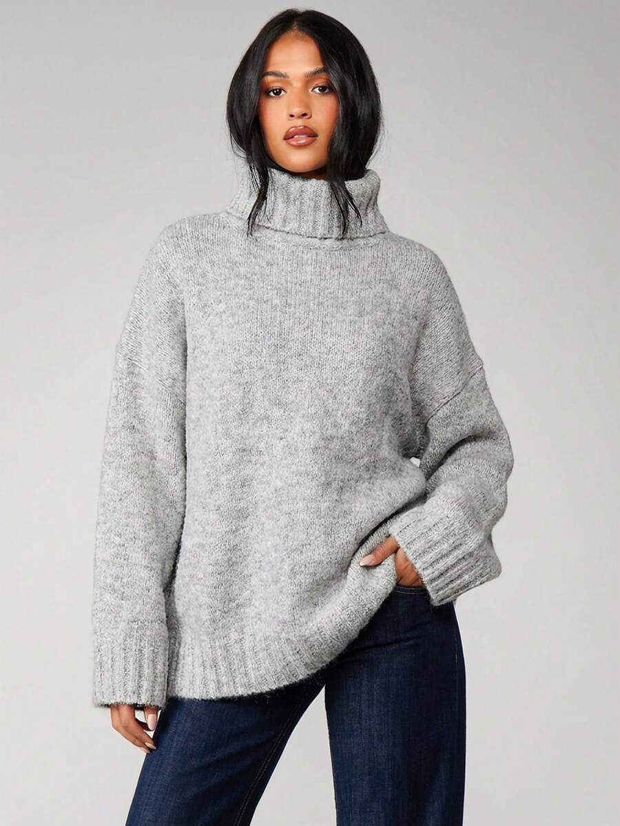 MISSGUIDED 宽松高领粗针织套头毛衣，罗纹袖口和下摆，适合冬季舒适休闲穿着 - 淺灰色 - 查看 1