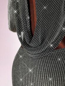 Amplova Women's Plunging Neck Glitter Halter Top And Side Cutout Bodycon Mini Skirt Sexy 2 Pieces Set - Silver - View 6