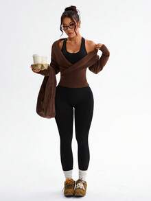 Dewbera Áo len thể thao dài tay cổ bẻ màu nâu trơn dành cho nữ, kiểu dáng thường ngày, thích hợp cho tập luyện. - màu nâu - Xem 6