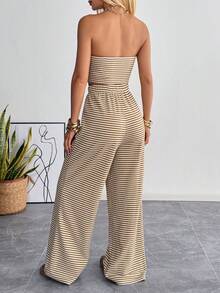 SHEIN EZwear Bộ đồ thường ngày gồm áo quây và quần kẻ sọc nâu. - Màu Khaki - Xem 2