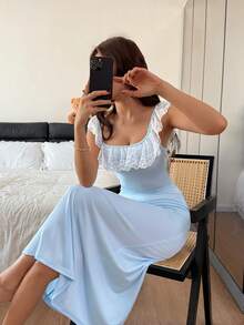 Dream Adore Casual Ruffle Collar Fitted Lace Trim Maxi Dress Loungewear Sexy Sleep Dress Blue Night Gown Long Night Dress Lace Sleep Dress Spaghetti Strap Night Gown - Blue - View 1