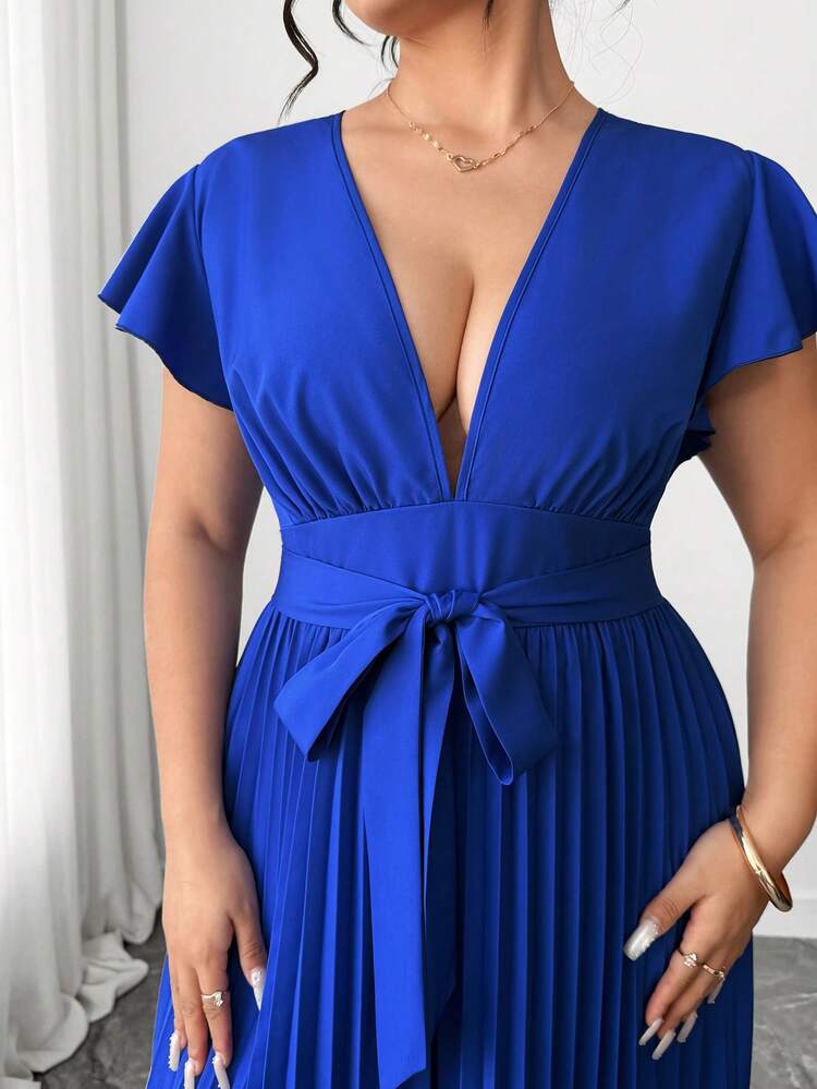 Elenzga Plus Size Royal Blue V-Neck Ruffle Sleeve Wide Leg Jumpsuit, Office Casual Outfit Royal Blue Women Blue Long Dress Summer Maxi Dress Elegant Maxi Dress Formal Blue Wedding Guest Dress Royal Blue Dress Women Elegant - Blue - View 8