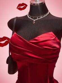 SHEIN ICON Plus-Size Women's Retro Sexy Fashion Bold Millennial Style Y2K Party Dress, Perfect For Parties, Banquets, And Valentine's Day. Elegant And Gorgeous Red Satin Mini Dress With Cross-Pleats At The Chest - Red - View 1