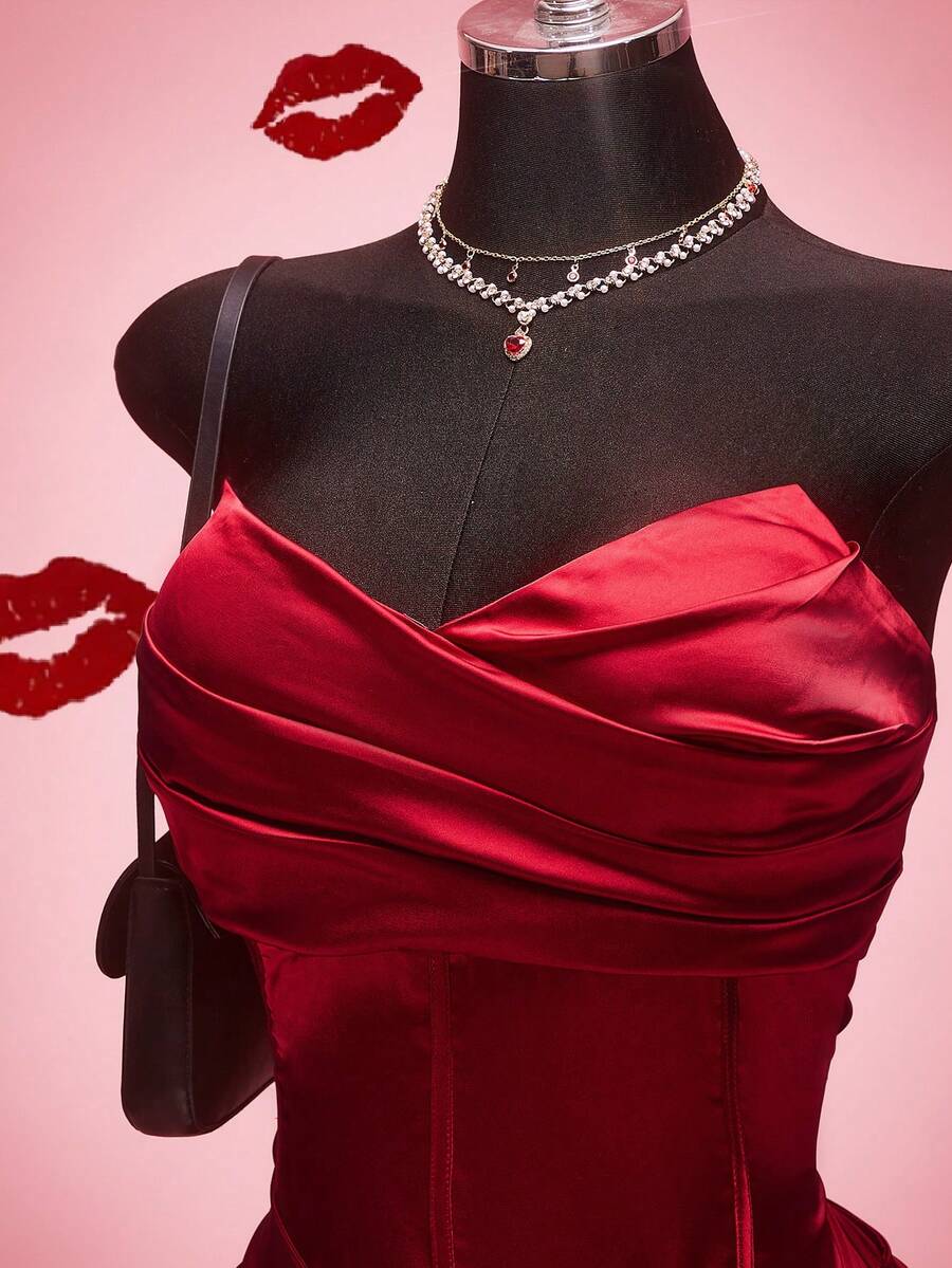 SHEIN ICON Plus-Size Women's Retro Sexy Fashion Bold Millennial Style Y2K Party Dress, Perfect For Parties, Banquets, And Valentine's Day. Elegant And Gorgeous Red Satin Mini Dress With Cross-Pleats At The Chest - Red - View 1