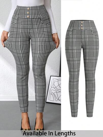 SHEIN Tall CURVE Plus Size Women's Elegant Plaid Print Metal Buckle Decor Black & White High Waist Slimming Knit Pants, Summer