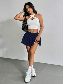 SHEIN EZwear Váy ngắn màu trắng cạp rộng, xòe viền eo, mặc đi chơi mùa hè - Màu xanh hải quân - Xem 5