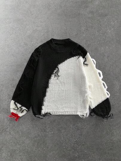 Maglione casual da uomo con frange a contrasto nero, bianco e rosso