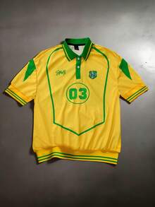 SUMWON Men's Retro Football Inspired Polo Shirt With Number Print And Button Placket Short Sleeve Collared Top Spring Summer Casual Wear - Yellow - View 3