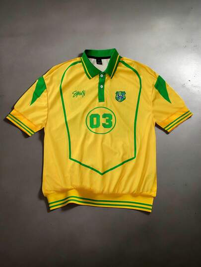 SUMWON Men's Retro Football Inspired Polo Shirt With Number Print And Button Placket Short Sleeve Collared Top Spring Summer Casual Wear