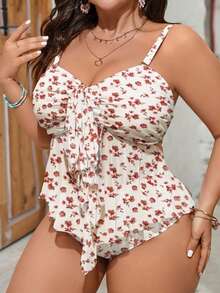 Swim Mod 大码印花扭结前开襟背心式泳衣套装（上衣和下装） - 彩色 - 查看 1