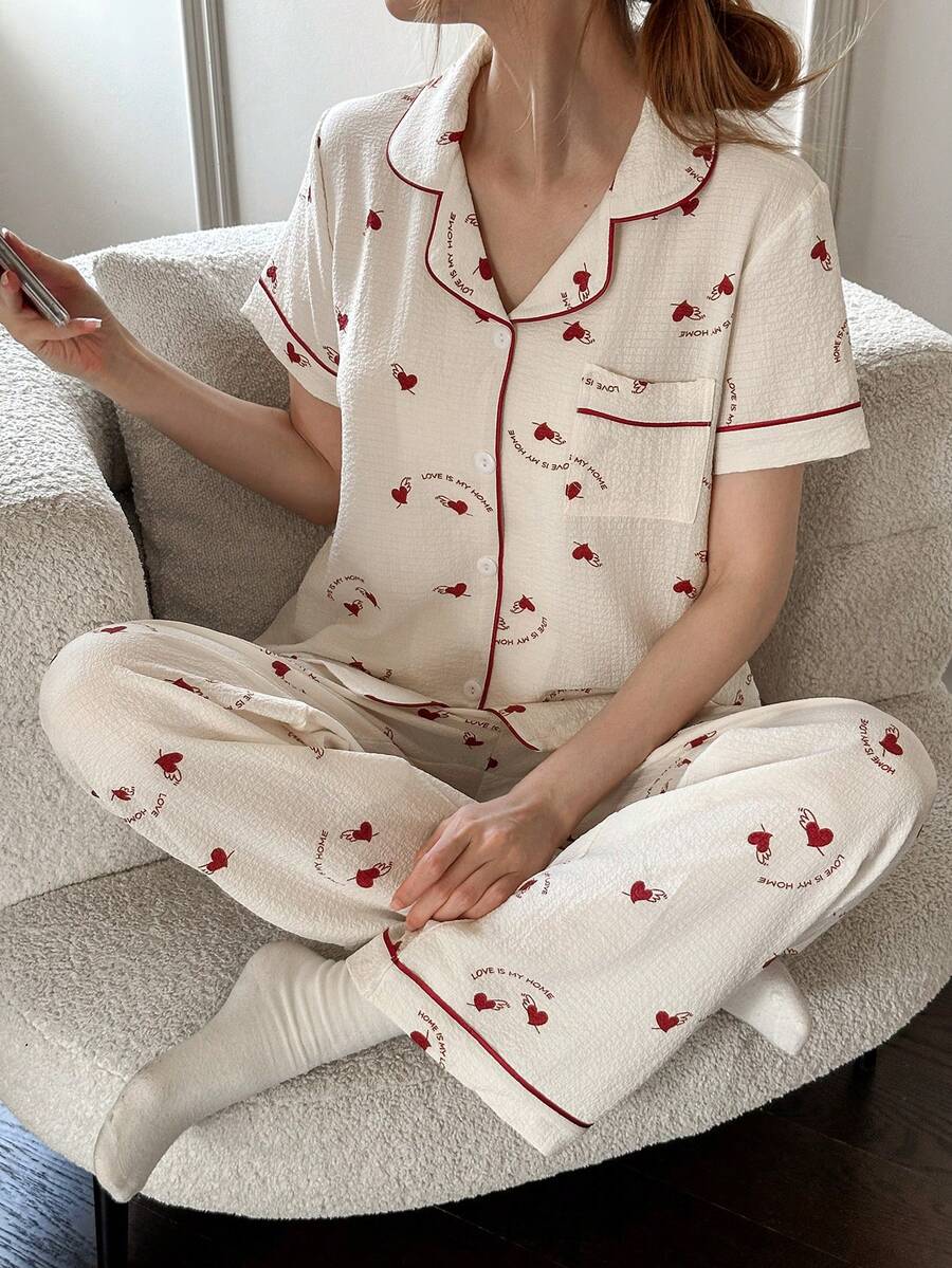 Dream Adore Heart Print Lapel Women Pajama Set - Apricot - View 1