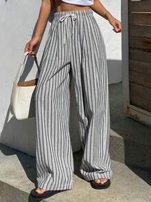 Livesso Women's Loose Casual Vacation Style Fashion Street Thin Striped Color Block Waist Tie Straight Leg Pants, Spring/Summer - Grey - View 1