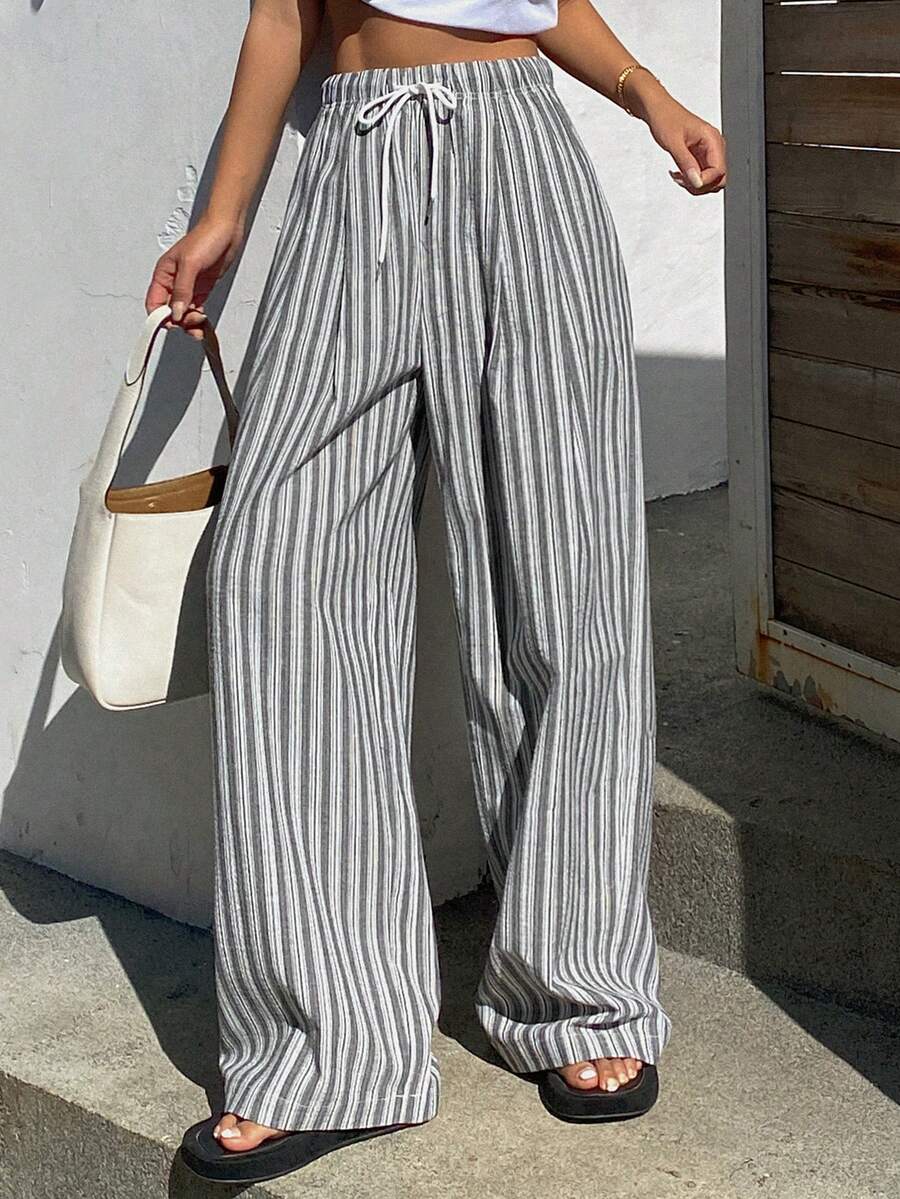 Livesso Women's Loose Casual Vacation Style Fashion Street Thin Striped Color Block Waist Tie Straight Leg Pants, Spring/Summer - Grey - View 1