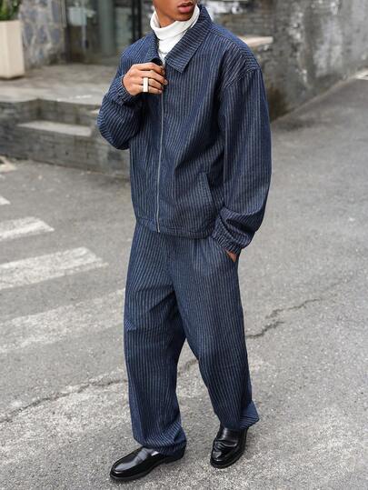 Manfinity EMRG 男士休闲条纹蓝色牛仔套装