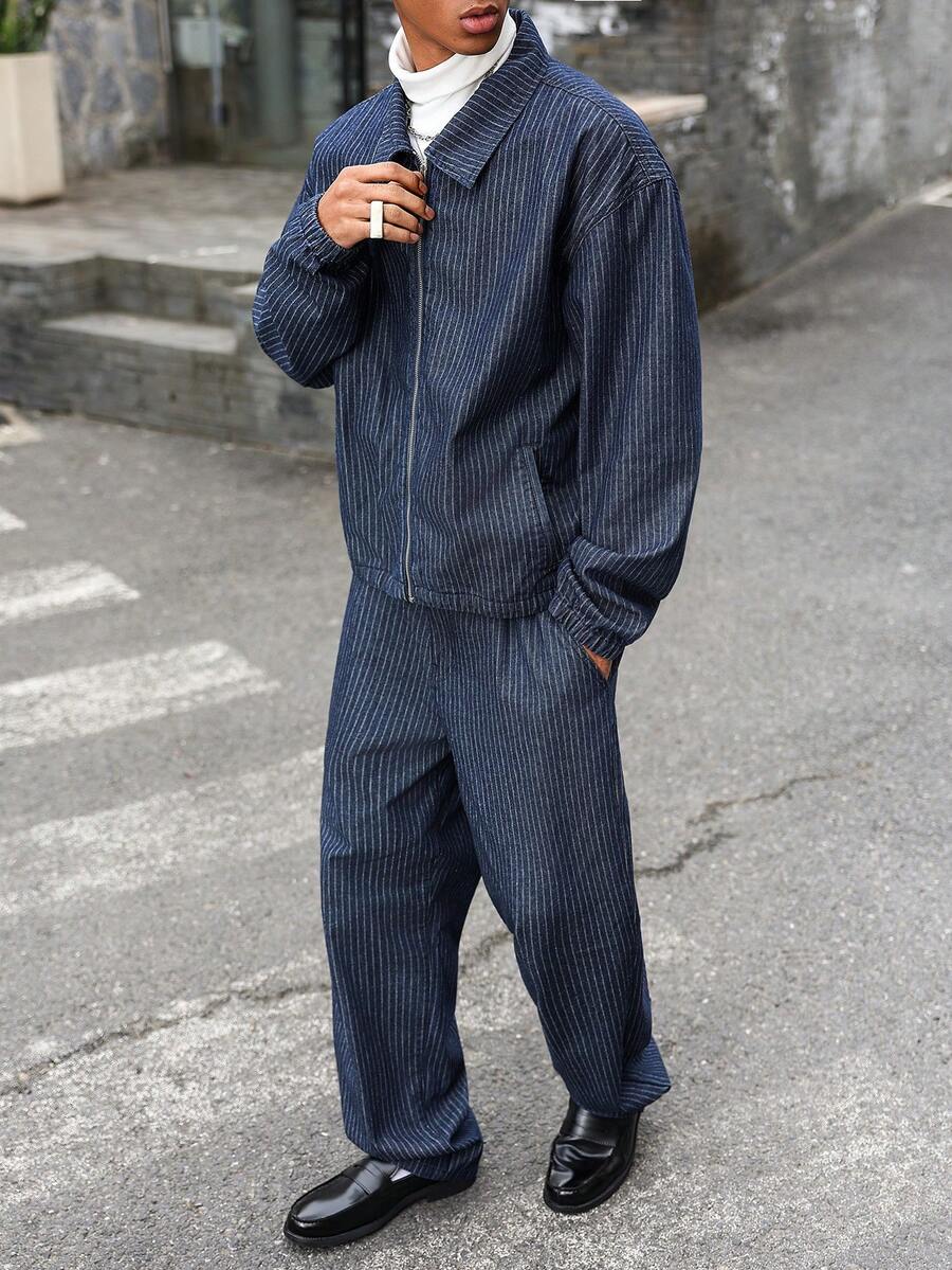 Manfinity EMRG 男士休闲条纹蓝色牛仔套装 - 深色水洗藍 - 查看 1