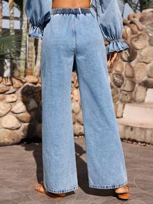 Breezaya Women's Round Neck Ruffle Sleeve Knotted Waist Asymmetrical Hem Top And Wide Leg Jeans Casual Outfit