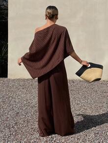 Livesso Spring & Summer Loose Casual Vacation Style Fashion Brown Shoulder Design Pullover Cover Up & Straight Leg Wide Leg Pants 2 Pieces Set For Women