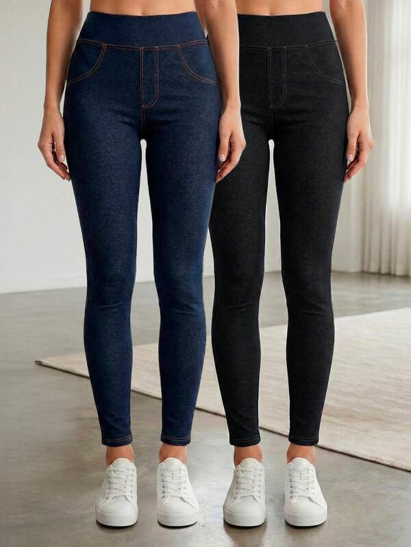 Set Leggings Tipo Jean de Mezclilla Stretch con Pretina Alta – Ajuste Push Up
