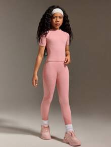 两件套 - 常规短袖上衣 + 常规长裤 / 纯色针织 / 粉色 + 运动短袖上衣 + 运动长裤 + 运动 - 粉色 - 查看 5