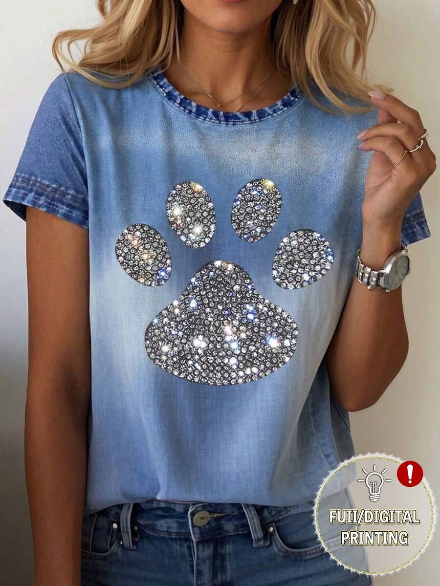 SHEIN 女士牛仔布渐变印花圆领动物爪印T恤 - 彩色 - 查看 1