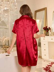 SHEIN MuseNap CURVE Elegante bata de noche de estilo chino con cuello de solapa, estampado de hojas de bambú y pájaros, de alta gama y textura roja - Burdeos - Ver 2