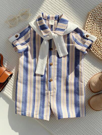 SHEIN 2 Parçalı Yenidoğan Bebek Unisex Günlük Çizgili Kısa Kollu Polo Tulum ve Pelerin Seti, Doğum Günü Partisi, Rave, Akşam Partisi, Gösteri, Düğün, Bir Aylık Kutlama, Vaftiz ve İlk Doğum Günü İçin Uygundur